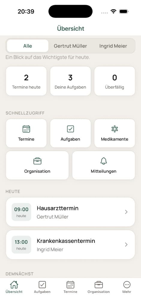 CleverCare-App: Übersicht mit Terminen, Aufgaben und Schnellzugriff
